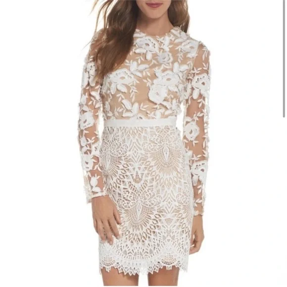 ML Monique Lhuillier White & Beige nude Lacey Cocktail formal Dress xs 3D Sz 2 - Picture 3 of 17